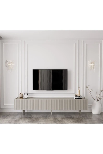 Enwood Capella Kumtaşı Rengi Mdf 5 Kapaklı Ahşap Ayaklı 200 Cm Tv Ünitesi ürün görseli 1