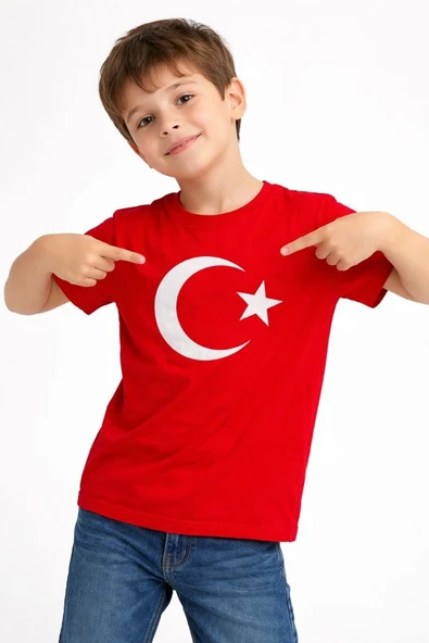Erkek Çocuk Tişört Bisiklet Yaka Ay Yıldız Bayrak Baskılı T-Shirt - Kırmızı ürün görseli 1