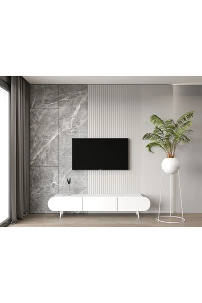 Enwood Regulus Beyaz Mdf 3 Kapaklı Ahşap Ayaklı 180 Cm Modern Tv Ünitesi ürün görseli 1