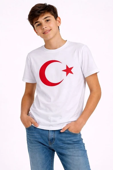 Erkek Çocuk Tişört Bisiklet Yaka Ay Yıldız Bayrak Baskılı T-Shirt - Beyaz ürün görseli 1