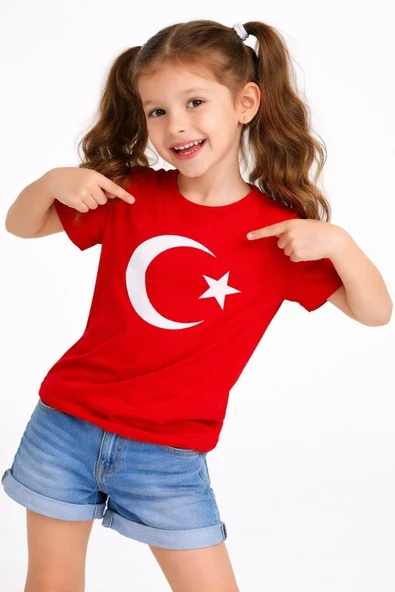 Kız Çocuk Tişört Bisiklet Yaka Ay Yıldız Bayrak Baskılı T-Shirt - Kırmızı ürün görseli 1