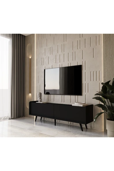 Enwood Rigel Country Siyah Mdf 2 Kapaklı Düşme Kapak Ahşap Ayaklı 180 cm  Tv Ünitesi ürün görseli 1