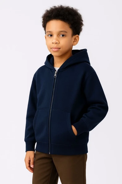 Erkek Çocuk Kapüşonlu Kanguru Cepli Tam Fermuarlı Hırka SweatShirt - Lacivert ürün görseli 1