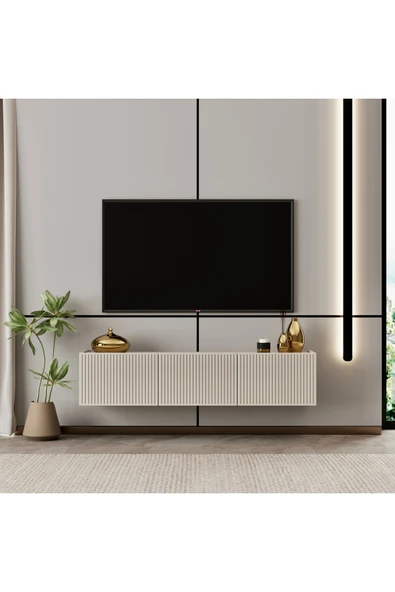 Enwood Capella TV ünitesi Kumtaşı MDF 120 cm duvara monte kapaklı raflı ürün görseli 1