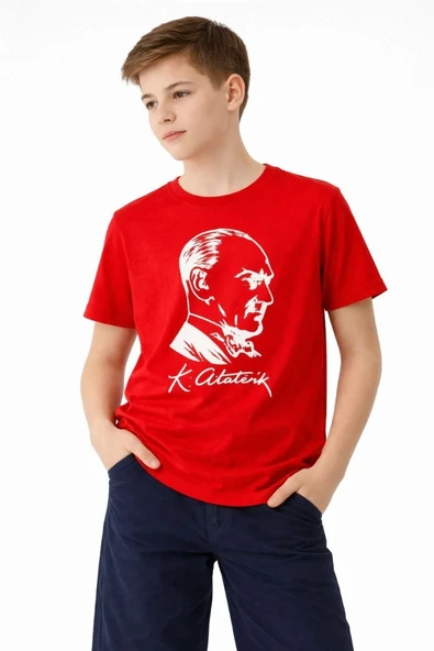 Erkek Çocuk Atatürk Baskılı Tişört Kısa Kollu Bisiklet Yaka T-Shirt - Kırmızı ürün görseli 1