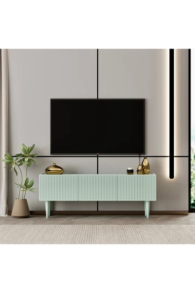 Enwood Capella Tv Ünitesi Mint Yeşili MDF 120 cm ayaklı kapaklı raflı ürün görseli 1