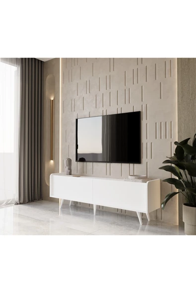 Enwood RİGEL COUNTRY BEYAZ MDF 2 KAPAKLI (DÜŞME KAPAK) AHŞAP AYAKLI 180 CM TV ÜNİTESİ ürün görseli 1