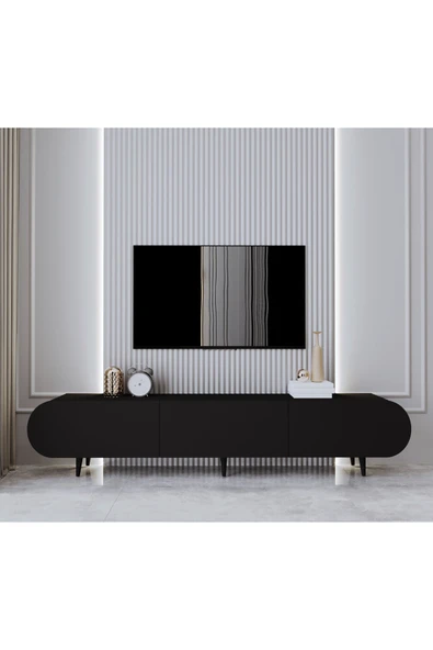 Enwood Regulus Siyah Mdf 3 Kapaklı Ahşap Ayaklı 180 Cm Modern Tv Ünitesi ürün görseli 1