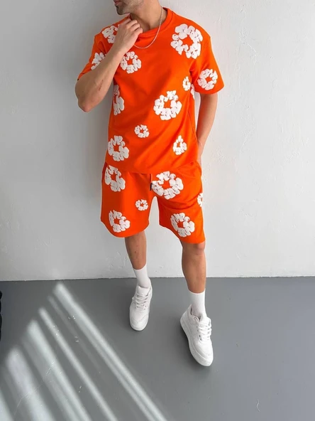 Erkek İki İplik Kumaş Oversize Baskılı T-shirt Şortlu ikili Alt-Üst Takım- Turuncu ürün görseli 1