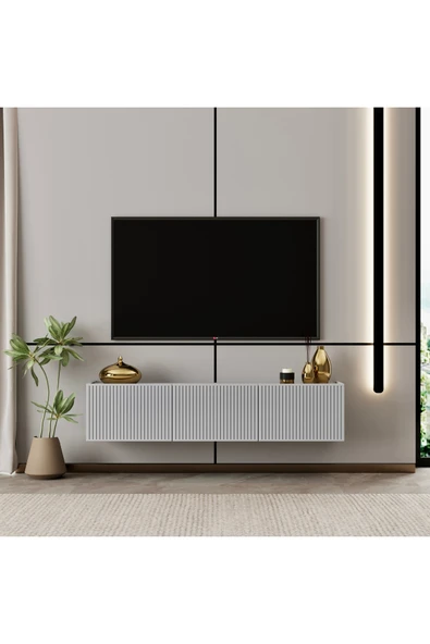 Enwood Capella TV ünitesi sis gri MDF 120 cm duvara monte kapaklı raflı ürün görseli 1