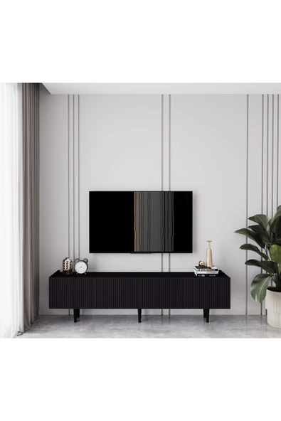 Enwood Capella Siyah Country Mdf 4 Kapaklı Ahşap Ayaklı 160 Cm Tv Ünitesi ürün görseli 1