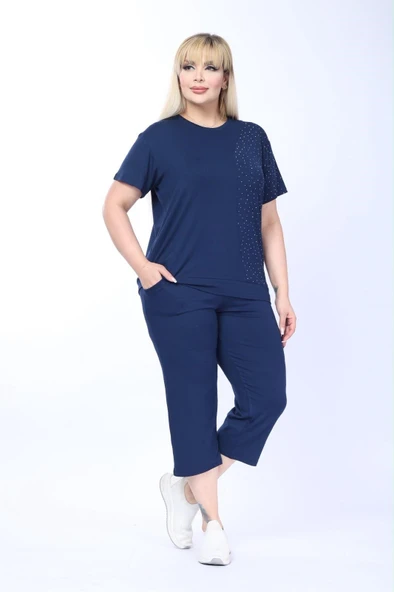 Kadın Kapri Tshirt Tek Yön Taş Detaylı Şık Viskon Penye Mavi Alt Üst Takım ürün görseli 1