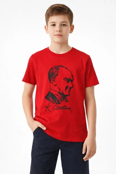 Erkek Çocuk Atatürk Baskılı Tişört Kısa Kollu Bisiklet Yaka T-Shirt - Kırmızı ürün görseli 1