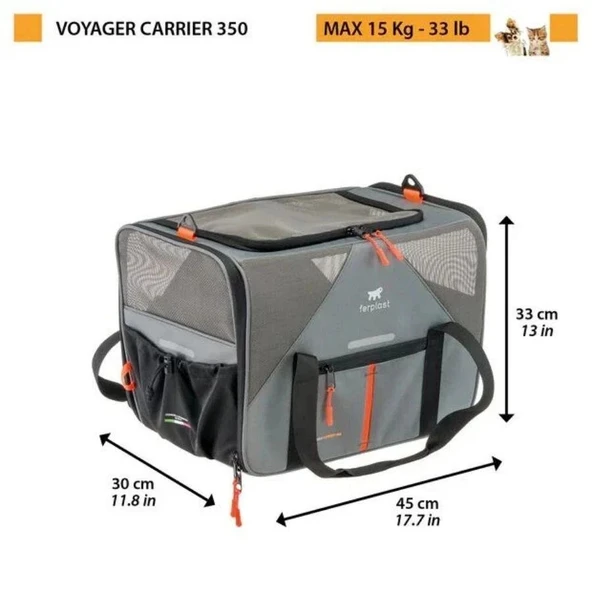 Ferplast Voyager 350 Kedi ve Köpek Kumaş Taşıma Çantası Gri 45x30x33 cm ürün görseli 1
