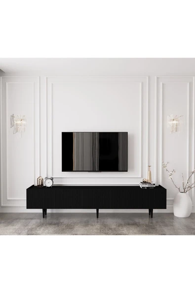 Enwood Capella Country Siyah Mdf 5 Kapaklı Ahşap Ayaklı 200 Cm Tv Ünitesi ürün görseli 1