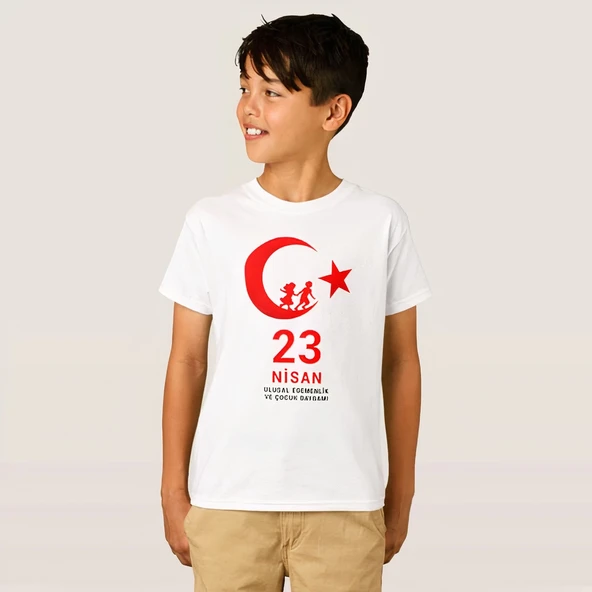 Çocuk 23 Nisan Ulusal Egemenlik ve Çocuk Bayramı Baskılı Bisiklet Yaka T-shirt - Beyaz ürün görseli 1
