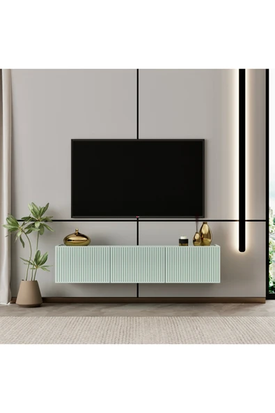 Enwood Capella TV ünitesi mint yeşili MDF 120 cm duvara monte kapaklı raflı ürün görseli 1