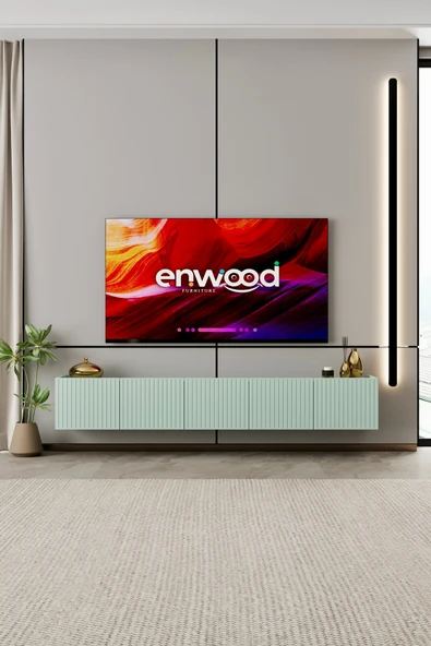 Enwood Capella TV ünitesi mint yeşili MDF 5 kapaklı 200 cm duvara monte ürün görseli 1