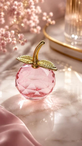 Pembe Kristal Elma Biblo Orta Boy 8.5 Cm Dekoratif Cam Elma Süsü Gold Yapraklı ürün görseli 1