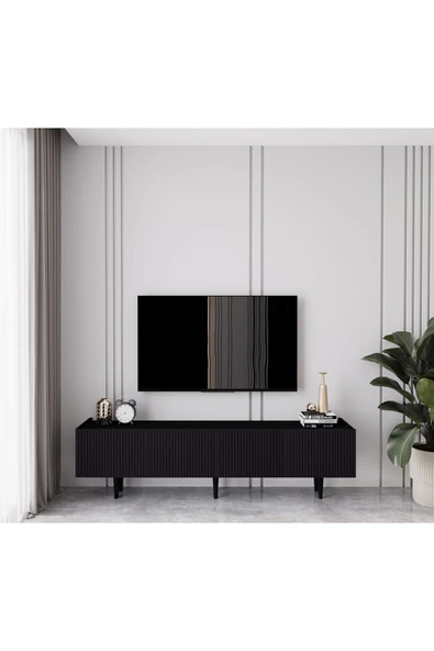 Enwood Capella Siyah Country Mdf 4 Kapaklı Ahşap Ayaklı 180 Cm Tv Ünitesi ürün görseli 1