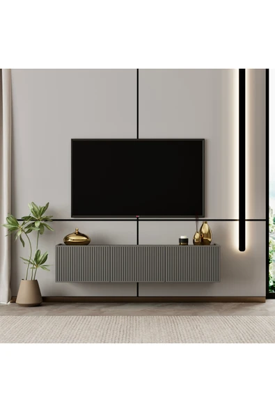Enwood Capella TV ünitesi Gri MDF 120 cm duvara monte kapaklı raflı ürün görseli 1