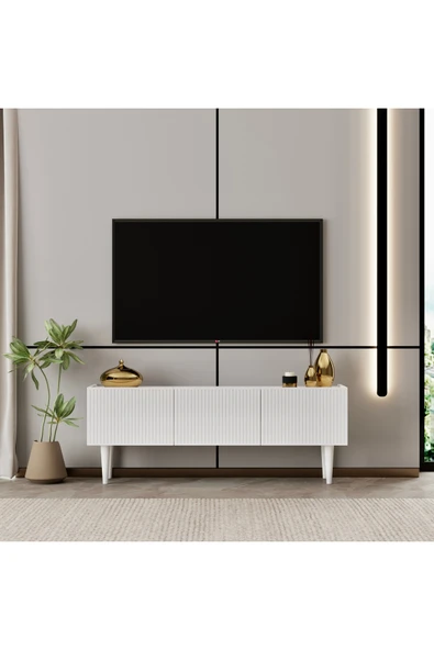 Enwood Capella TV ünitesi Beyaz MDF 120 cm duvara monte kapaklı raflı ürün görseli 1