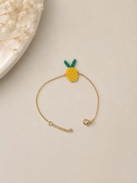 Miyuki Boncuklu Ananas Figürlü Kadın Bileklik Gold Zincirli El Yapımı Yazlık Takı ürün görseli 1