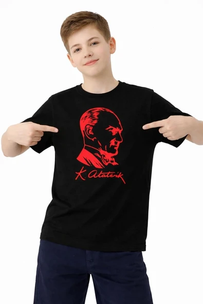 Erkek Çocuk Atatürk Baskılı Tişört Kısa Kollu Bisiklet Yaka T-Shirt - Siyah ürün görseli 1