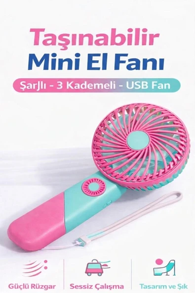 inovaxis Taşınabilir Mini El Fanı Şarjlı 3 Kademeli USB Fan Sessiz Güçlü Rüzgar Vantilatör ürün görseli 1