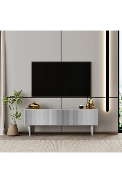 Enwood Capella Tv Ünitesi sis gri MDF 120 cm ayaklı kapaklı raflı ürün görseli 1