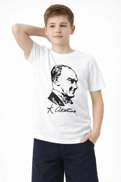 Erkek Çocuk Atatürk Baskılı Tişört Kısa Kollu Bisiklet Yaka T-Shirt - Beyaz ürün görseli 1