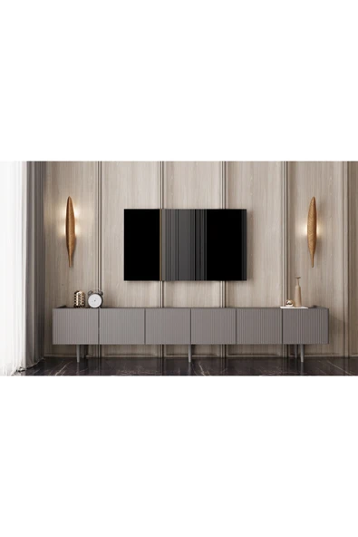 Enwood CAPELLA Mdf 6 Kapaklı Ahşap Ayaklı GRİ (120 CM X 2 ADET) 240 Cm Tv Ünitesi ürün görseli 1