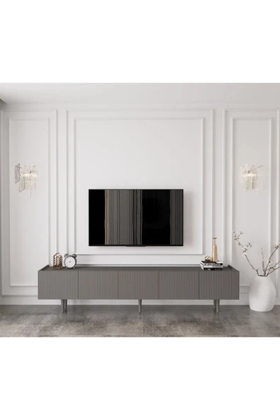 Enwood Capella Gri Mdf Country 5 Kapaklı Ahşap Ayaklı 200 Cm Tv Ünitesi ürün görseli 1