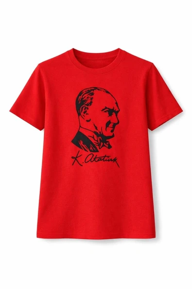 Kız Çocuk Atatürk Baskılı Tişört Kısa Kollu Bisiklet Yaka T-Shirt - Kırmızı ürün görseli 1