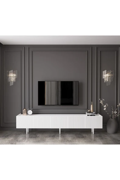 Enwood Capella Country Mdf Beyaz 5 Kapaklı Ahşap Ayaklı 200 Cm Tv Ünitesi ürün görseli 1