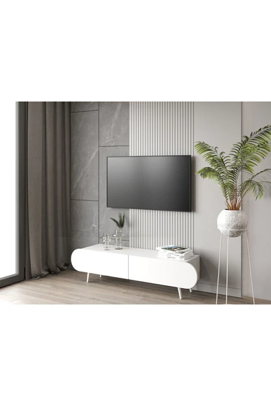 Enwood Regulus Beyaz Mdf 2 Kapaklı Ahşap Ayaklı 140 Cm Modern Tv Ünitesi ürün görseli 1