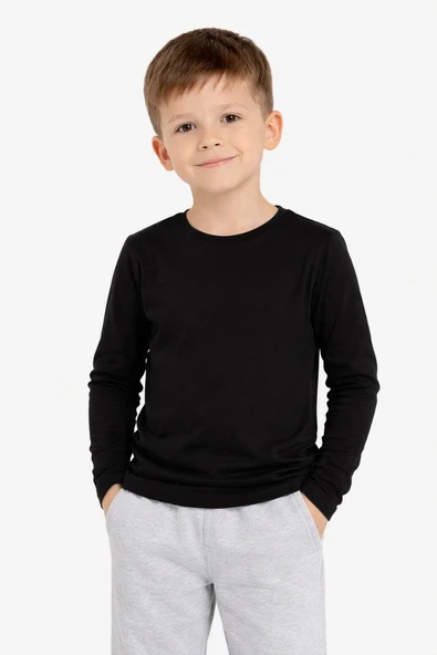 Erkek Çocuk Basic Uzun Kollu Tişört Okul Günlük Rahat T-Shirt - Siyah ürün görseli 1