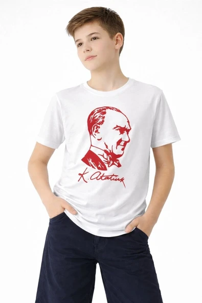 Erkek Çocuk Atatürk Baskılı Tişört Kısa Kollu Bisiklet Yaka T-Shirt - Beyaz ürün görseli 1