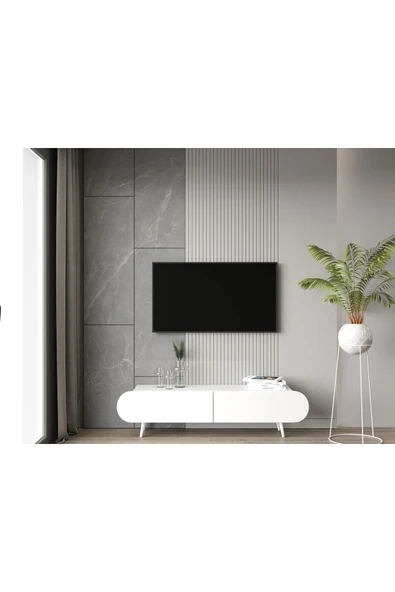 Enwood Regulus Beyaz Mdf 2 Kapaklı Ahşap Ayaklı 160 Cm Modern Tv Ünitesi ürün görseli 1