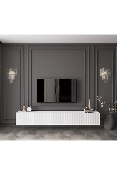 Enwood Capella Country Beyaz Mdf 5 Kapaklı Duvara Monte 200 Cm Tv Ünitesi ürün görseli 1