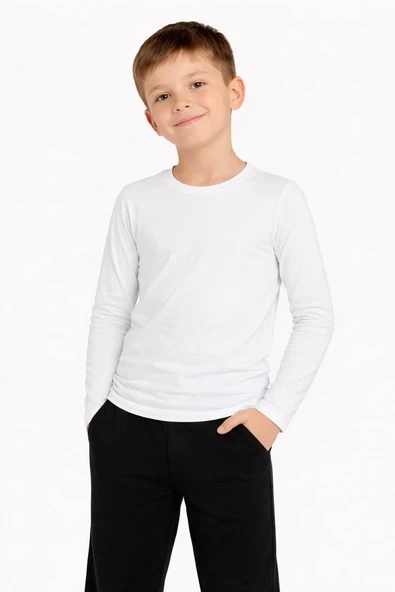 Erkek Çocuk Basic Uzun Kollu Tişört Okul Günlük Rahat T-Shirt - Beyaz ürün görseli 1