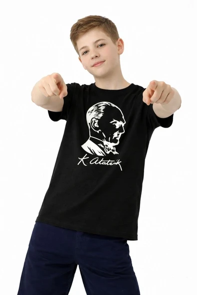 Erkek Çocuk Atatürk Baskılı Tişört Kısa Kollu Bisiklet Yaka T-Shirt - Siyah ürün görseli 1