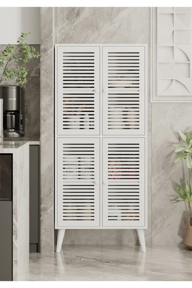 Enwood DENEB MDF BEYAZ 4 KAPAKLI(PANJUR KAPAK) AHŞAP AYAKLI KİLER DOLABI ürün görseli 1