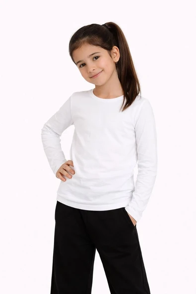 Kız Çocuk Basic Uzun Kollu Tişört Okul Günlük Rahat T-Shirt - Beyaz ürün görseli 1
