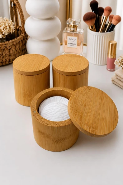3 Lü Çok Amaçlı Bambu Organizer ve Saklama Kutusu Makyaj Pamuğu ,Pamukluk ürün görseli 1
