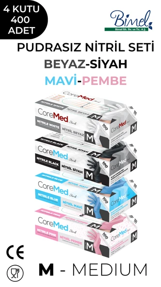 Nitril Muayene Eldiveni Seti M - 4 Paket 100 lü - Beyaz-Siyah-Mavi-Pembe ürün görseli 1
