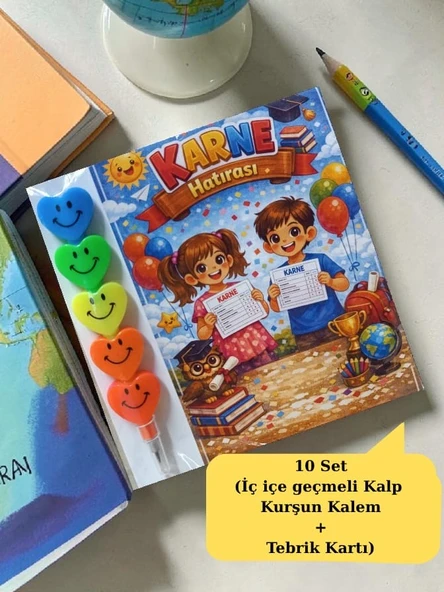 Karne Hediyesi 10 Set Kalp Kurşun Kalem ve Tebrik Kartı ürün görseli 1
