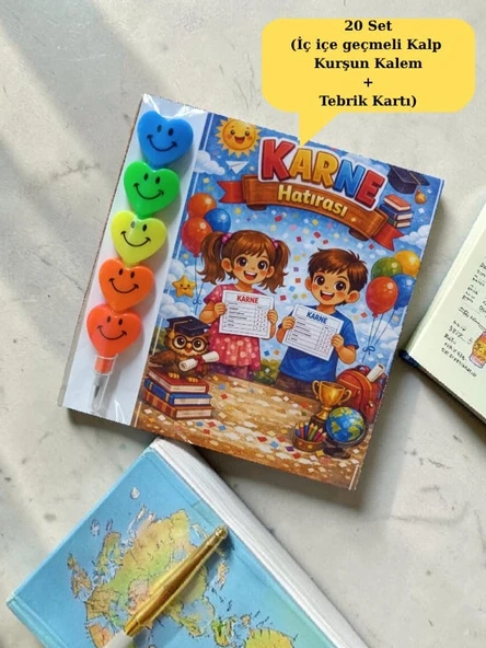 Karne Hediyesi 20 Set Kalp Kurşun Kalem ve Tebrik Kartı ürün görseli 1