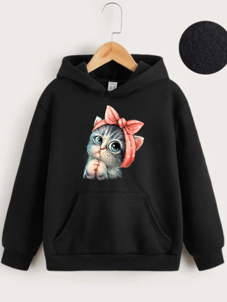 Çocuk Unisex Kapüşonlu Tatlı Kedi Baskılı Sweatshirt - Siyah ürün görseli 1