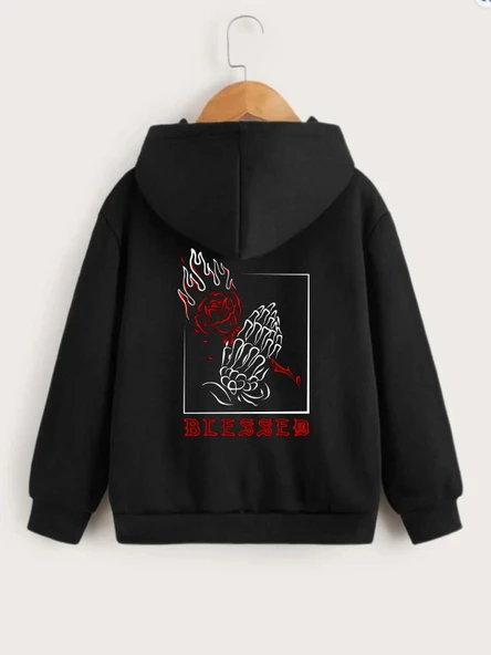 Çocuk Unisex Kapüşonlu Ön ve Arka Blessed Baskılı Sweatshirt - Siyah ürün görseli 1